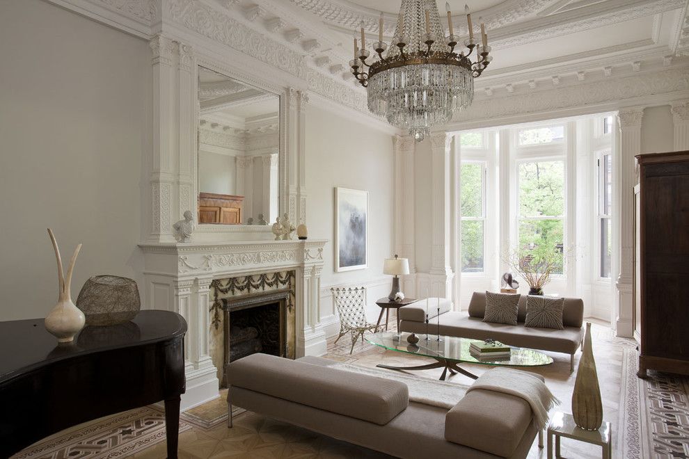 Benjamin Moore Smoke for a Transitional Living Room with a Glass Coffee Table and Front Parlor by Neuhaus Design Architecture, P.c.