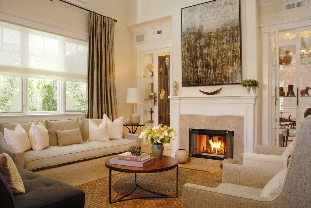 Benjamin Moore Swiss Coffee for a Transitional Living Room with a Drapes and Manhattan Beach Haven by Annette English