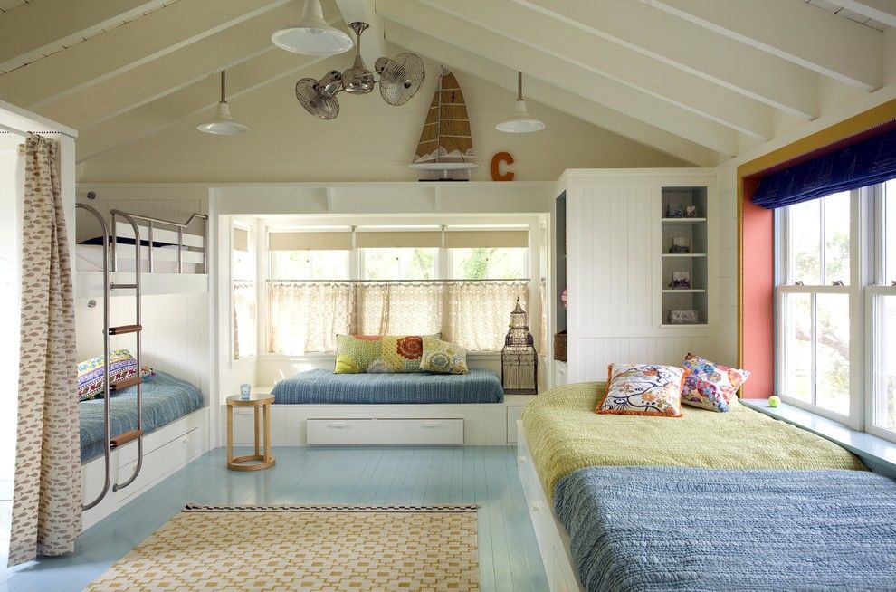 Benjamin Moore Tranquility for a Beach Style Kids with a Light Blue Floor and Bunk Room by Andra Birkerts Design