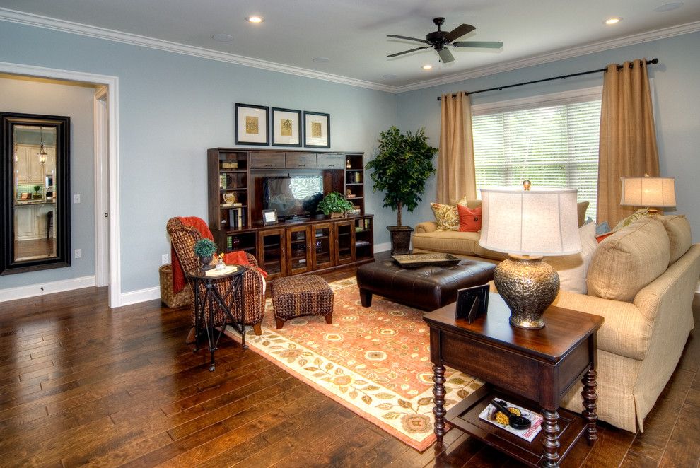 Benjamin Moore Tranquility for a Traditional Living Room with a Glass Backsplash and Swift Creek Model Home by Randy Wise Homes Inc