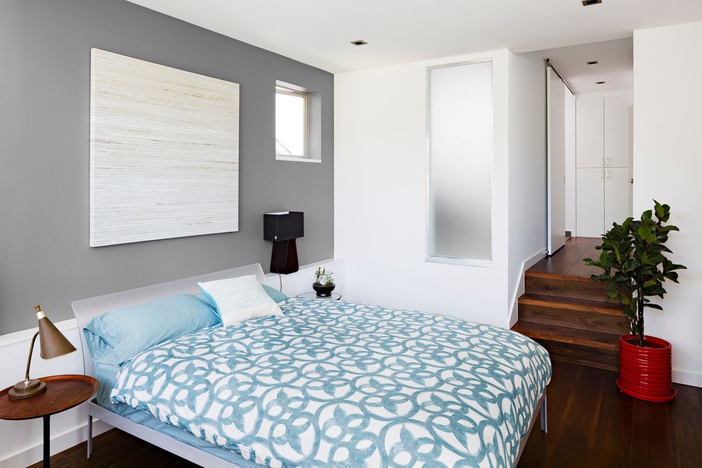 Benjamin Moore Wedgewood Gray for a Contemporary Bedroom with a Dark Wood Floor and Phinney Ridge Seattle by Portal Design Inc