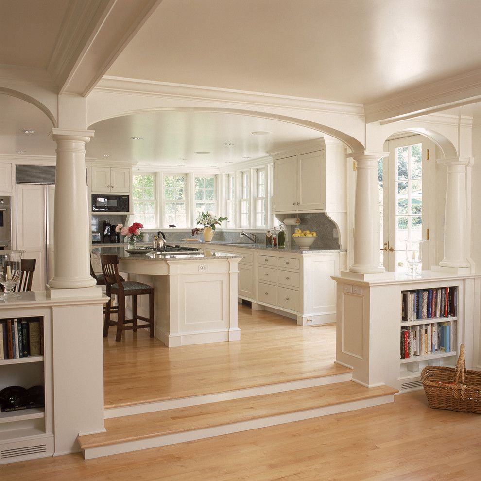 Benjamin Moore White Dove for a Traditional Kitchen with a Sunken Living Room and White Kitchen and Breakfast Room with Fireplace and Arches by Huestis Tucker Architects, Llc