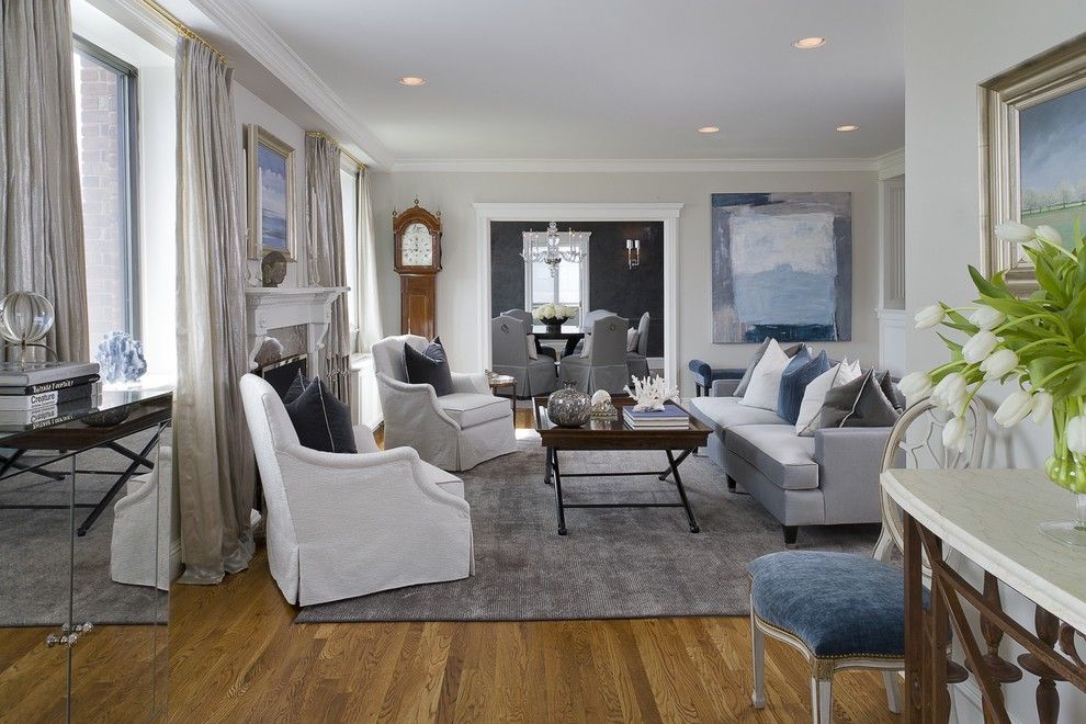 Benjamin Moore White Dove for a Transitional Living Room with a Gray Area Rug and Greenwich Penthouse by Tiffany Eastman Interiors, Llc