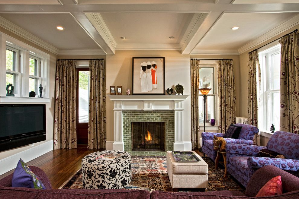 Benjamin Moore Wickham Gray for a Traditional Living Room with a Green Tile Fireplace and Changing History by Teakwood Builders, Inc.