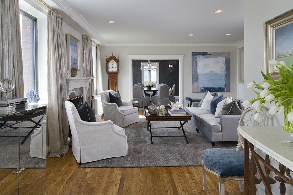 Benjamin Moore Wickham Gray for a Transitional Living Room with a Metallic Draperies and Greenwich Penthouse by Tiffany Eastman Interiors, Llc