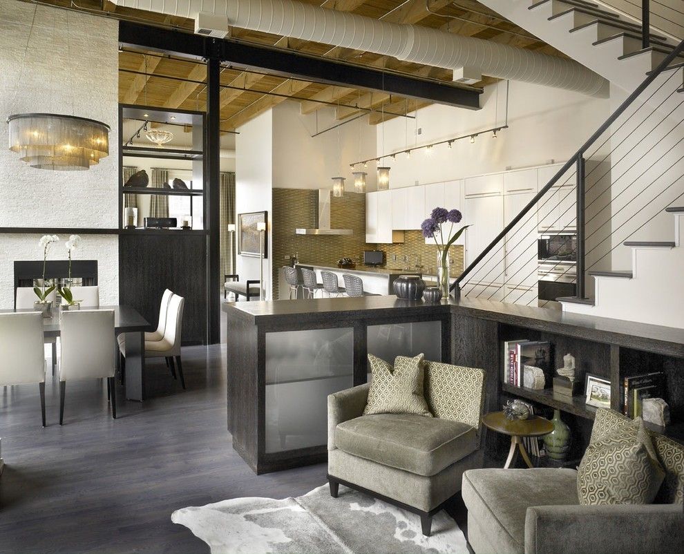 Bernhardt Interiors for a Industrial Living Room with a Dark Floor and Jamesthomas, Llc by Jamesthomas Interiors