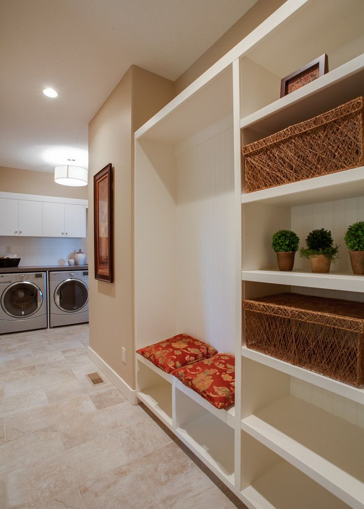 Bleeker Beige for a Traditional Laundry Room with a Pendant Lighting and Wilden Skylands Showhome by Norelco Cabinets Ltd