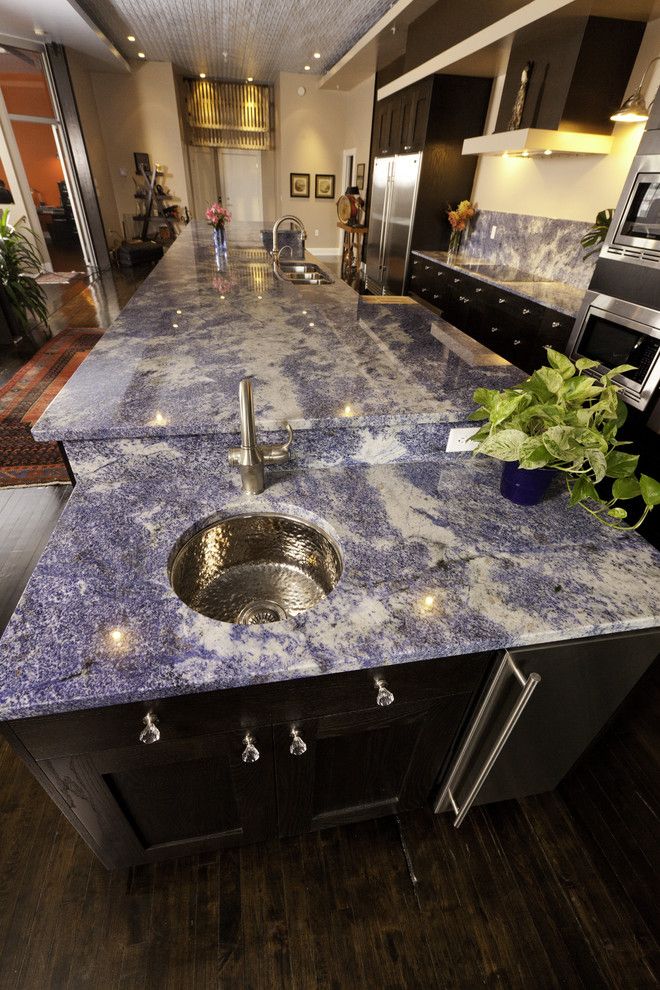 Blue Bahia Granite for a Contemporary Kitchen with a Black Kitchen Cabinets and Contemporary Kitchen Design by Reico Kitchen & Bath