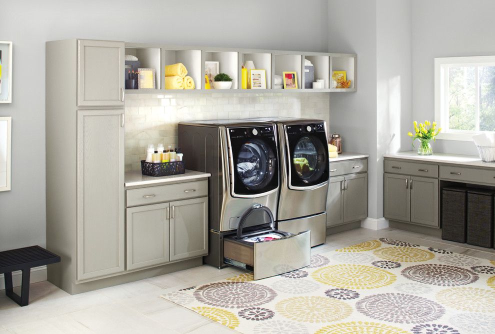 Board and Batten for a Contemporary Laundry Room with a White Backsplash and Lg Electronics by Lg Electronics