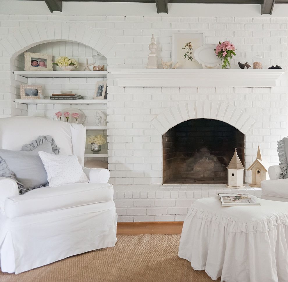 Brick Fireplace Makeover for a Shabby Chic Style Living Room with a Painted Fireplace and Belgian Chic in a 1970's Ranch by Kristie Barnett, the Decorologist