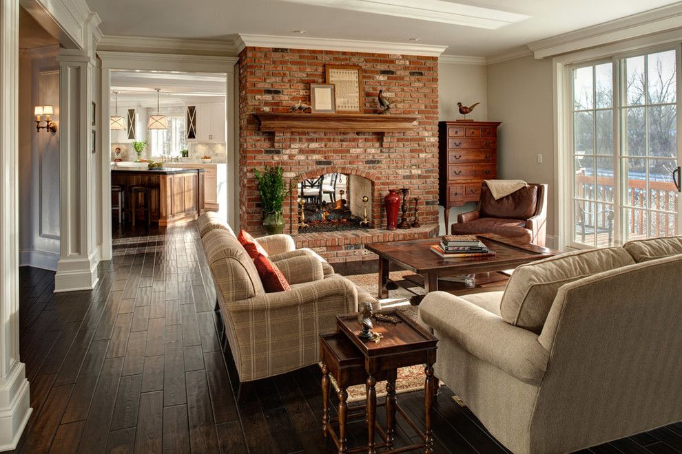 Brick Fireplace Makeover for a Traditional Family Room with a Glass Doors and Robinson by Jane Kelly, Kitchen and Bath Designer