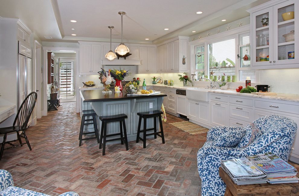 Brick Paver Patterns for a Beach Style Kitchen with a White Kitchen Sink and San Clemente Remodel by Darci Goodman Design