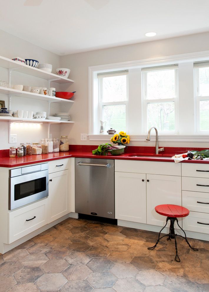 Brizo for a Farmhouse Kitchen with a Hex Tile and Open Shelving by Kitchen & Bath Design + Construction