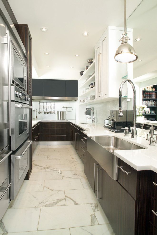 Brook Farm General Store for a Contemporary Kitchen with a Sink Faucet and Galley Kitchen by Arnal Photography