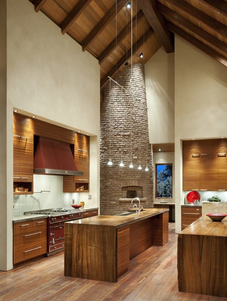 Bruck Lighting for a Contemporary Kitchen with a Exposed Beams and Whitefish Residence by Envi Interior Design Studio