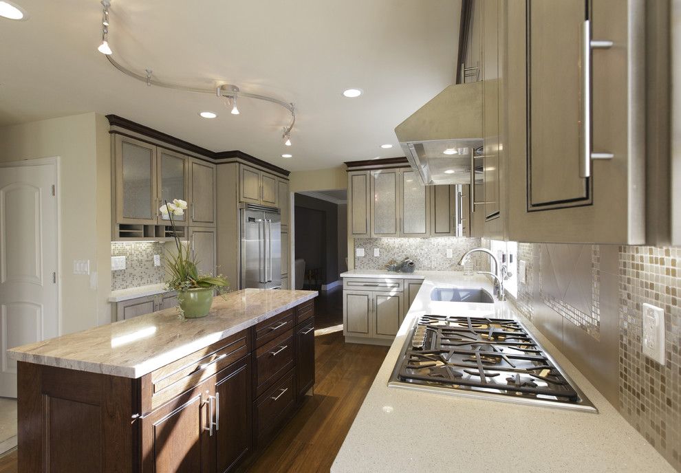 Bruck Lighting for a Transitional Kitchen with a Tile Backsplash and Jc Project by De Anza Interior