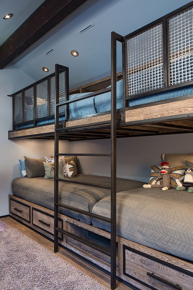 Built in Bunk Beds for a Rustic Kids with a Blue Bedding and Park City Magazine / Private Residence #3 by Richer Images Architectural Photography