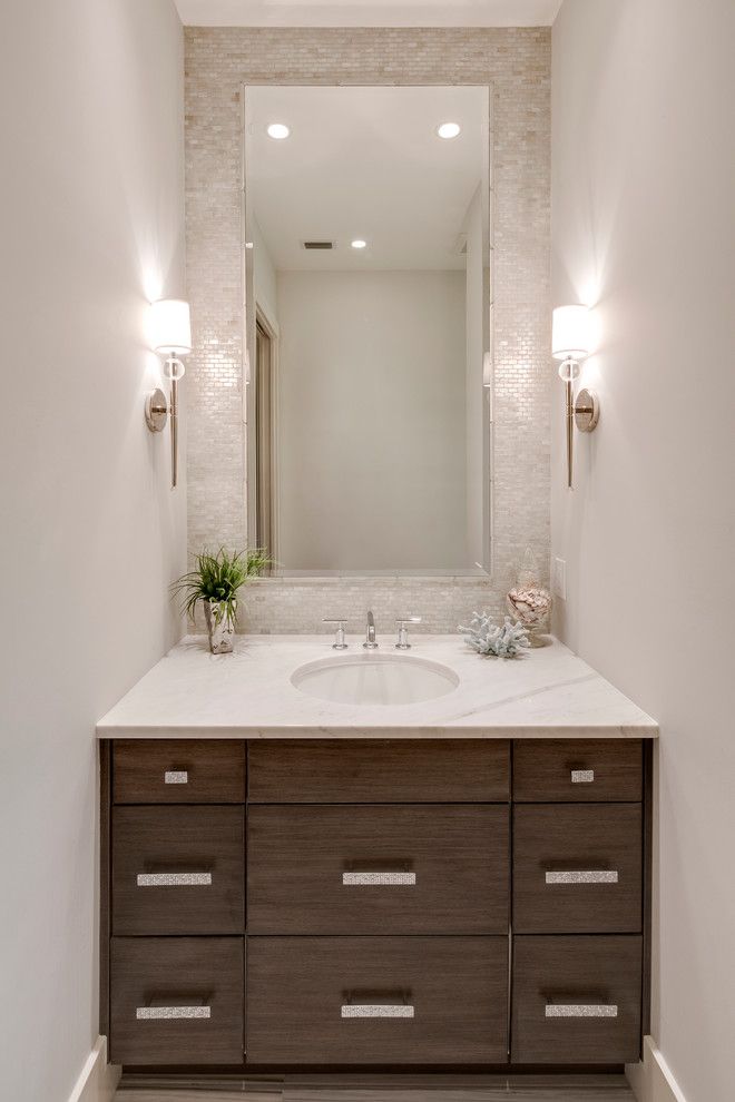 Bungalow5 for a Beach Style Powder Room with a Widespread Faucet and Naples Beach Coastal Retreat Series by 41 West