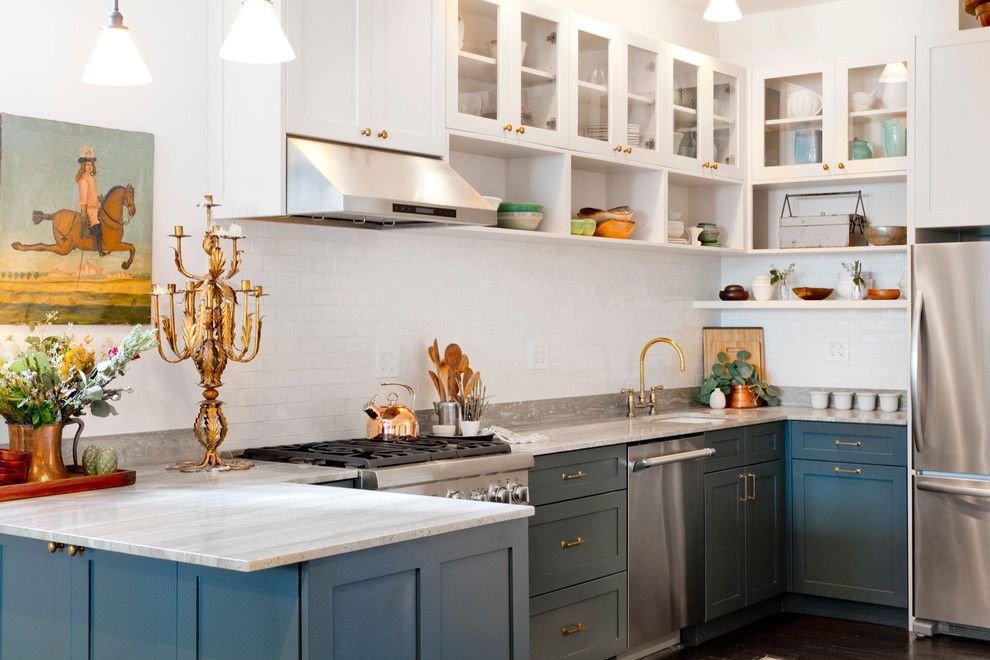 Cabinet Knob Placement for a Transitional Kitchen with a Glass Front Cabinets and My Houzz: 5th Ave Apartment by Rikki Snyder