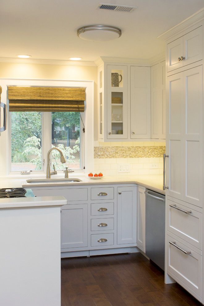 Cabinet Knob Placement for a Transitional Kitchen with a Pantry Pull Out and an Elegantly Functional Kitchen in Durham by Emma Delon