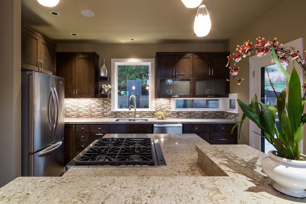 Caesarstone Colors for a Contemporary Kitchen with a Bottom Freezer Refrigerator and Nw Inspired Crest Meadows Residence by Jordan Iverson Signature Homes