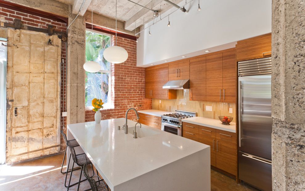 Caesarstone for a Contemporary Kitchen with a Bubble Pendant Light and Modern Bamboo Kitchen in Eclectic Oakland Loft (Perspective) by Altereco,Inc