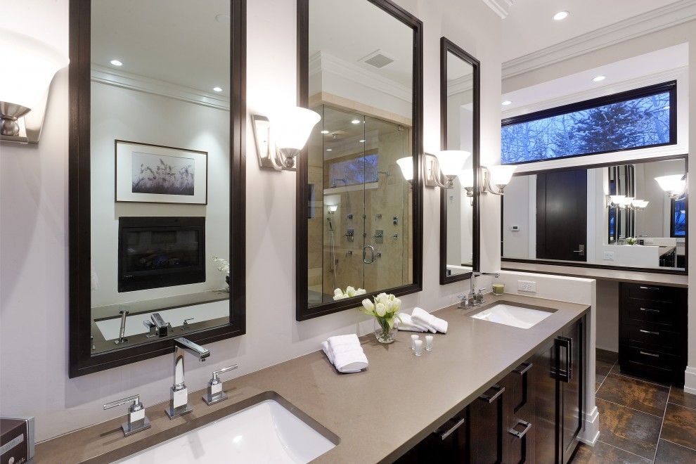 Caeserstone for a Rustic Bathroom with a Dark Wood Vanity and Master Bath by Architecture | Interiors | Planning