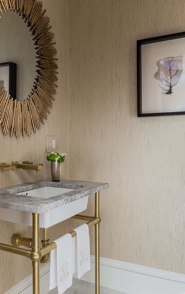 California Faucets for a Transitional Powder Room with a Textured Beige Wallpaper and Cambridge, Ma by Lovejoy Designs