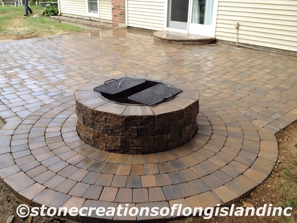 Cambridge Pavers for a Traditional Patio with a Concrete Driveway and Cambridge Paver Pool Patio with Firepit, East Northport, N.y 11731 by Stone Creations of Long Island Pavers & Masonry