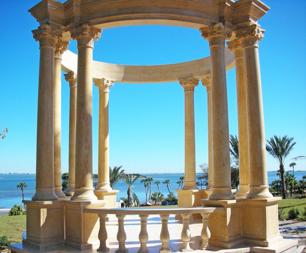 Cambridge Pavers for a Tropical Landscape with a Natural Stone Gazebo and Italian Marble   Gazebo by Italian Marble, Llc