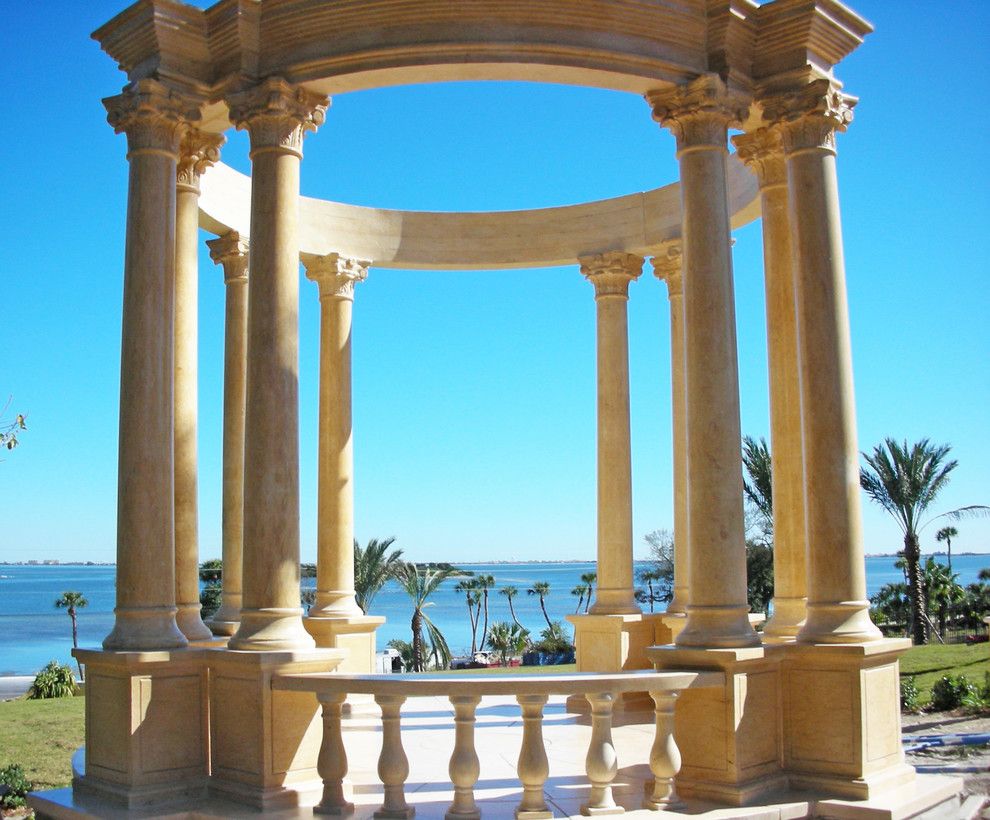 Cambridge Pavers for a Tropical Landscape with a Natural Stone Gazebo and Italian Marble   Gazebo by Italian Marble, Llc