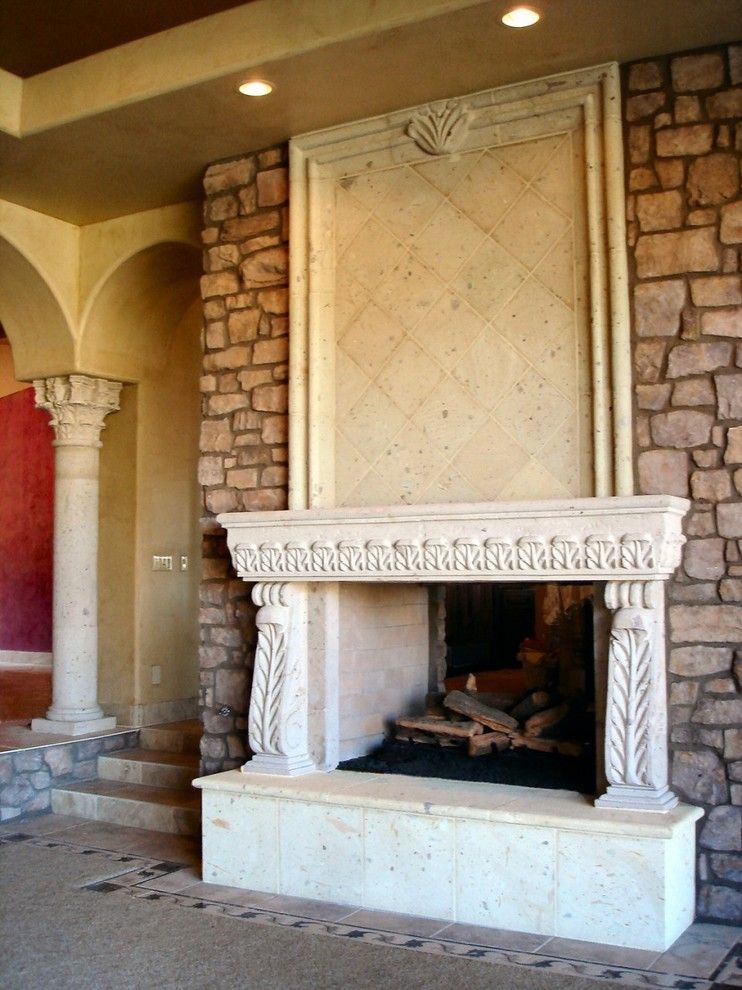 Cantera Stone for a Traditional Living Room with a Divided Light Doors and Cantera Stone Fireplace by Rustic Decor