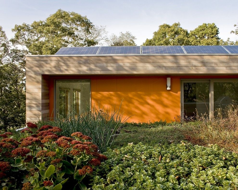 Cape Cod Brass for a Modern Exterior with a Fiber Cement and Living Green Roof with Solar Panels by Zeroenergy Design