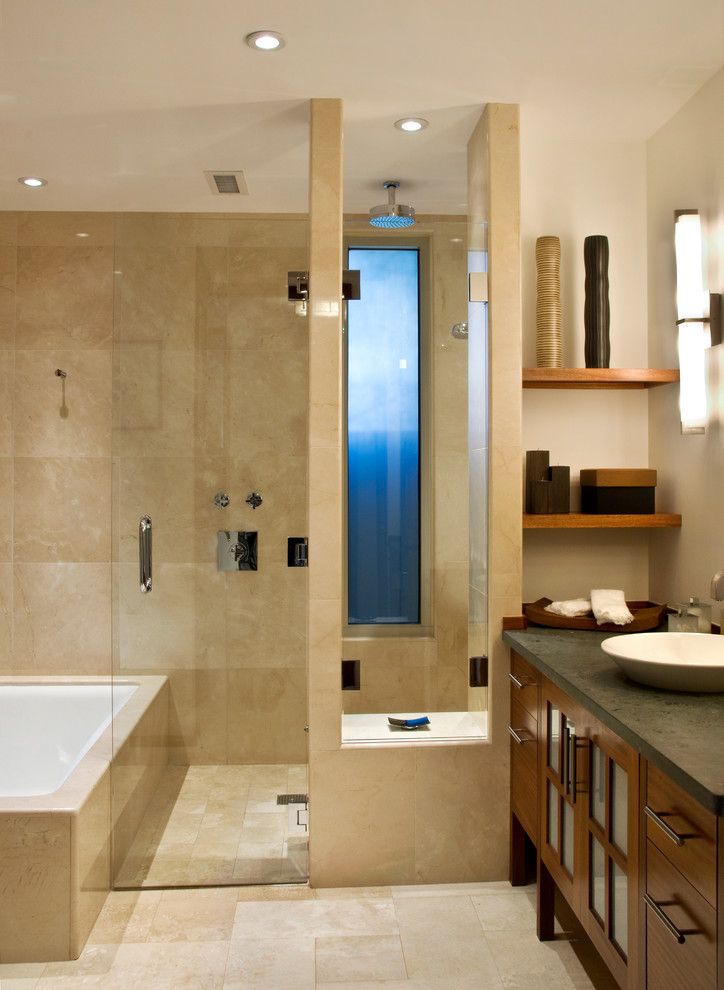 Cardinal Shower Doors for a Contemporary Bathroom with a Raised Sink and Abe Residence by Lapis Design Partners