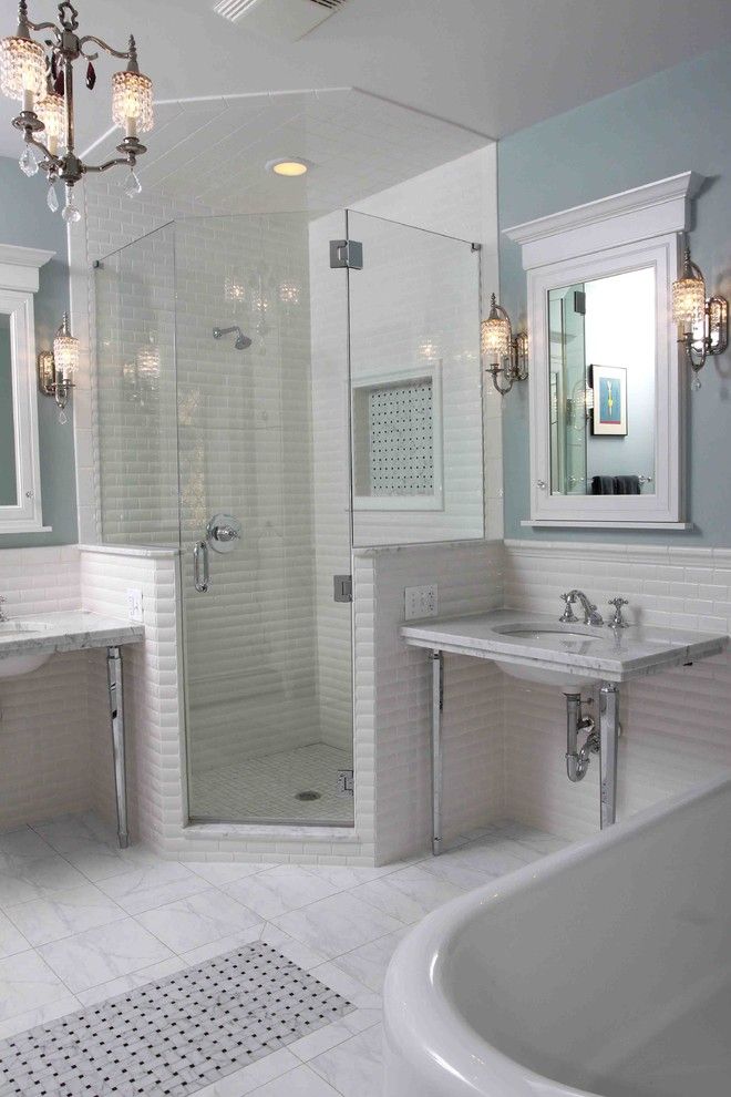 Cardinal Shower Doors for a Traditional Bathroom with a Double Vanity and Vintage Bathroom by Normandy Remodeling