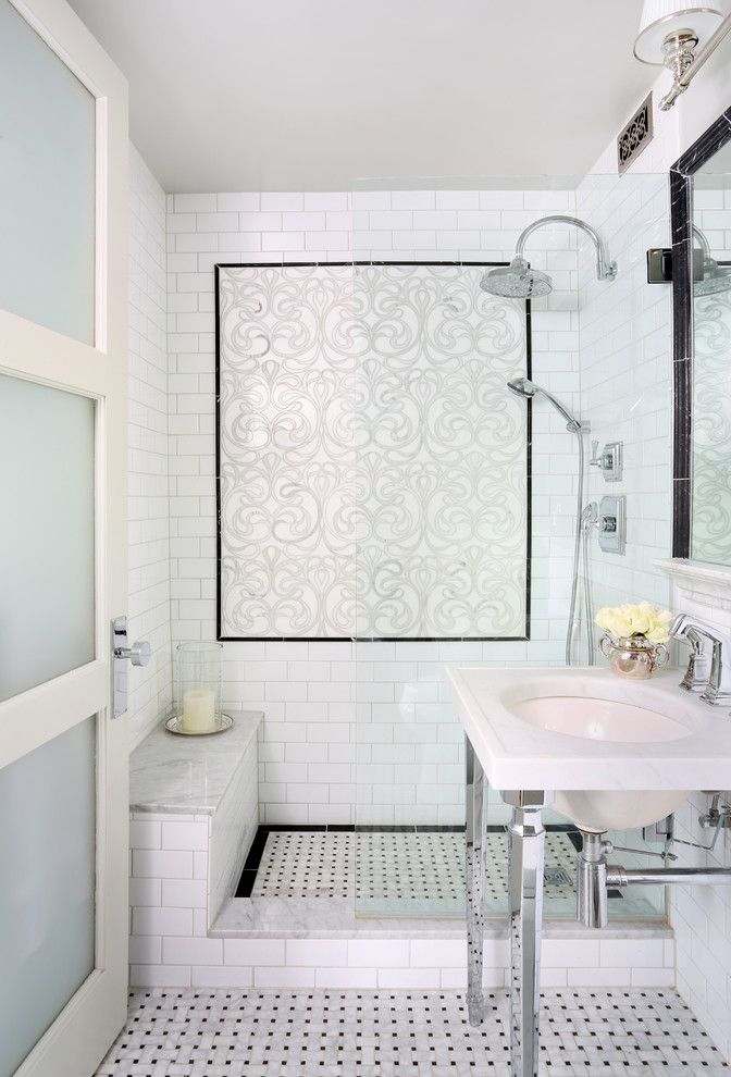 Cardinal Shower Doors for a Transitional Bathroom with a Black Accent Tile and Chicago Condo Remodel by Normandy Remodeling