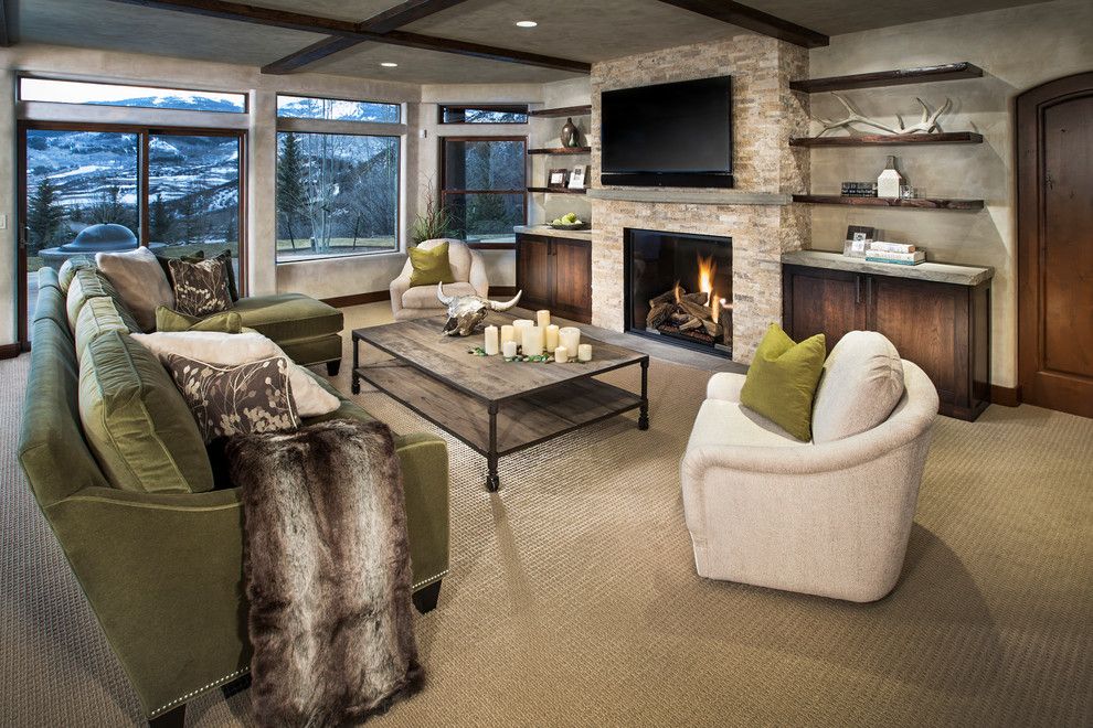 Cathers for a Contemporary Family Room with a Green Sofa and Horse Ranch by Cathers Home