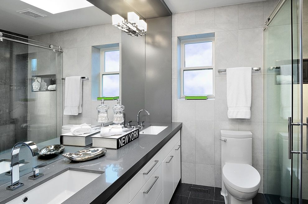 Ceasar Stone for a Contemporary Bathroom with a Gray Countertop and New Haven Drive by Belinda Albo Design Studio