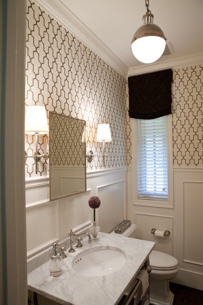 Chair Rail Height for a Traditional Powder Room with a Bathroom Mirror and Powder Room by Elizabeth Reich