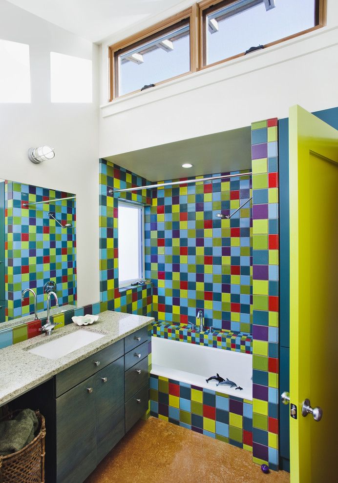 Chartreuse Color for a Eclectic Bathroom with a Clerestory and Santa Cruz Straw Bale House by Arkin Tilt Architects