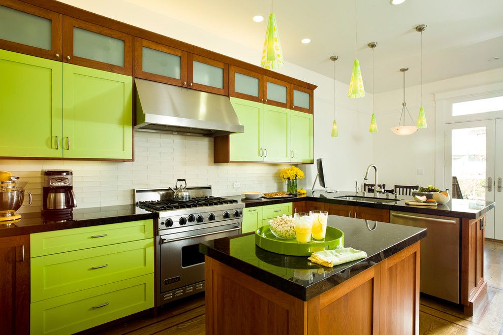 Chartreuse Color for a Eclectic Kitchen with a Wood Floor and Bright Lime Green by Mckinney Photography