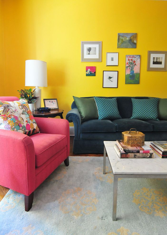 Chartreuse Color for a Eclectic Living Room with a Gray Area Rug and Annie Elliott's Color Splashed Home in Dc by Nicole Crowder Photography