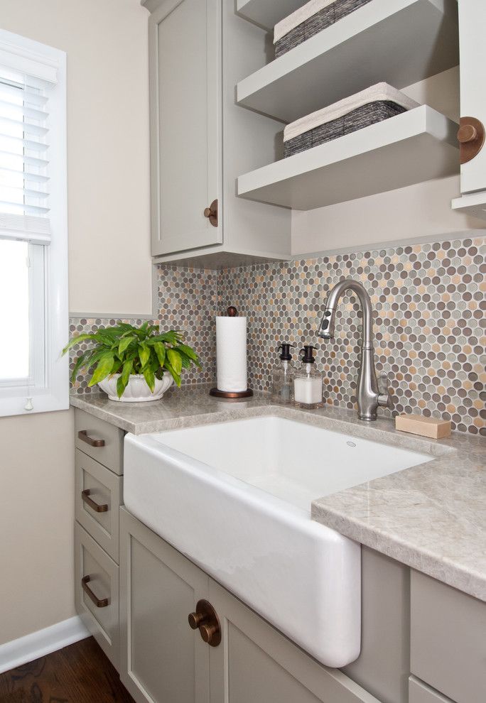 Chicago Faucet Shoppe for a Transitional Laundry Room with a Colorful Tile and Addition for a Suburban Home by Susan Brunstrum of Sweet Peas Design Inc