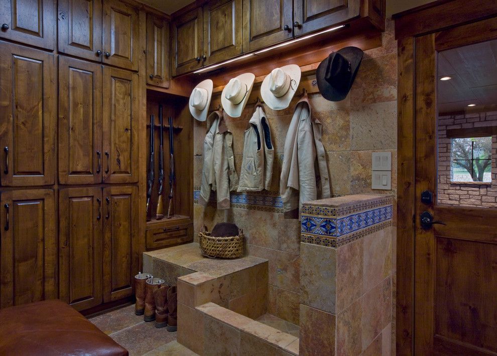 Chippewa Ranch Camp for a Rustic Entry with a Coat Rack and Ranch by Linda Mccalla Interiors