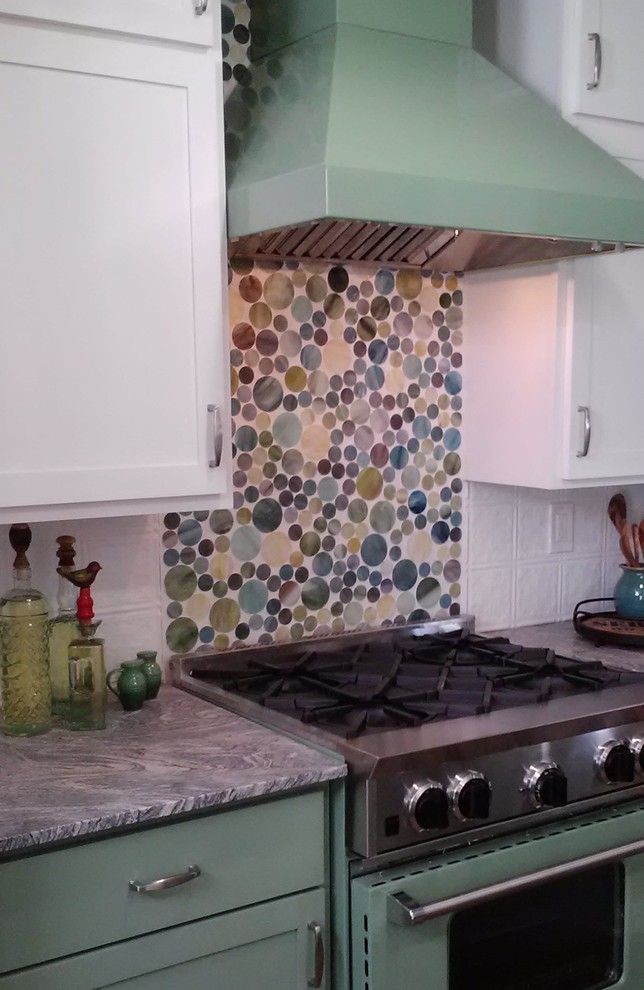 Circlepix for a Farmhouse Kitchen with a Stainglass Backsplash and Creative Cottage Style Kitchen Remodel by Kelli Kaufer Designs