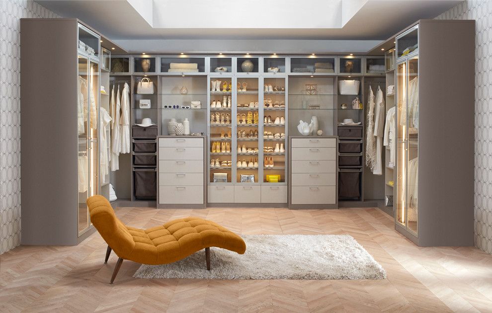 Closet Rod Height for a Contemporary Bedroom with a Herringbone Wood Floor and California Closets by California Closets Hq