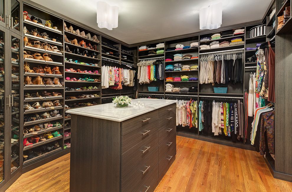 Closet Rod Height for a Contemporary Closet with a Shoe Storage and Problems Solved. by Carnemark Design + Build