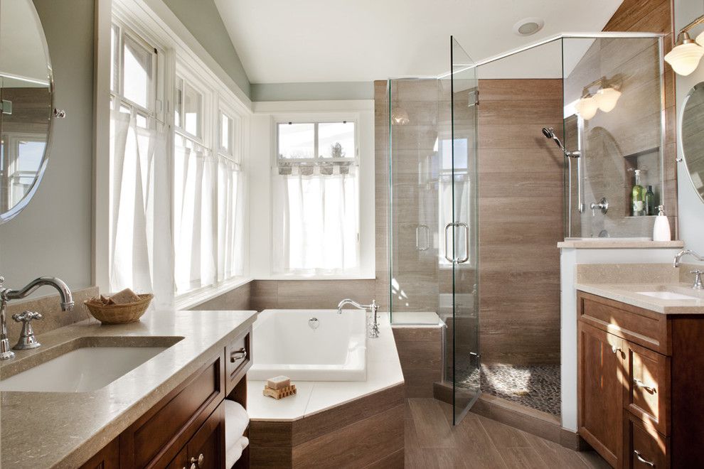 Cobblestone Wall for a Transitional Bathroom with a Tub Deck and Meadow House by Lawrence and Gomez Architects