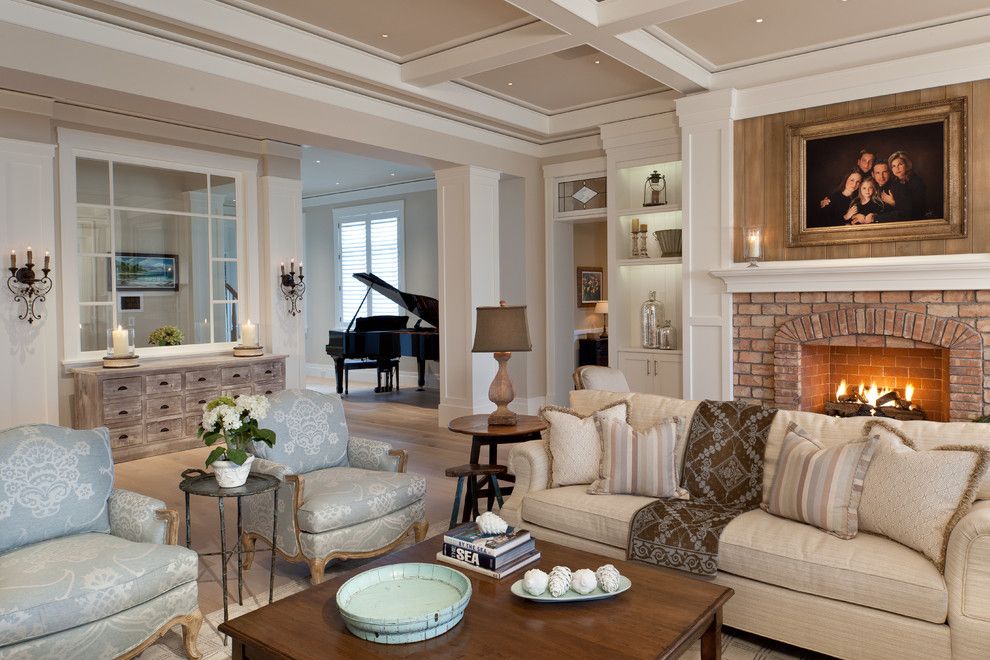 Colefax and Fowler for a Traditional Living Room with a Coffered Ceiling and La Playa Residence by Collins & Dupont Design Group
