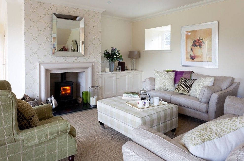 Colefax and Fowler for a Transitional Living Room with a Green and White Check Ottoman and Fife Steading Conversion by Robertson Lindsay Interiors